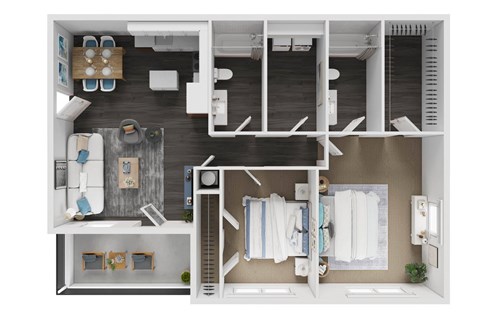 Floor plan for 2 beds, 2 baths, 985 sqft